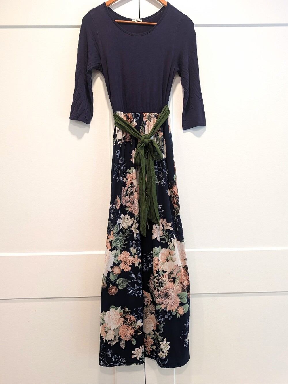 EGY Women's Navy Floral Maxi Dress with Olive Tie Belt